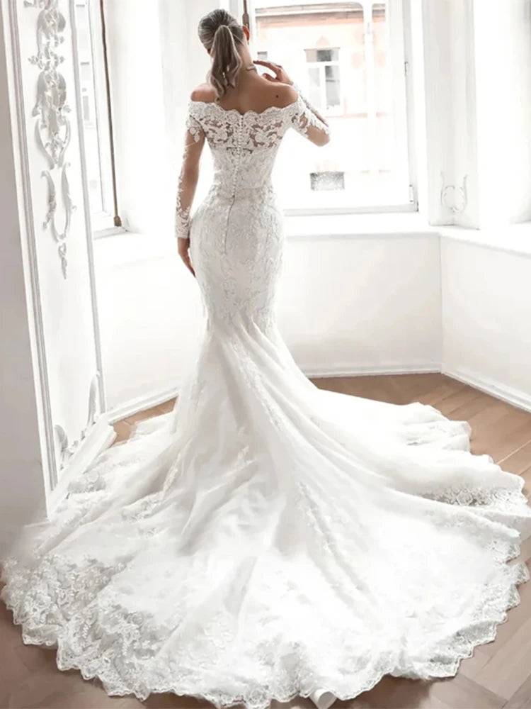 Luxury Boat Neck Mermaid Lace Wedding Dresses
