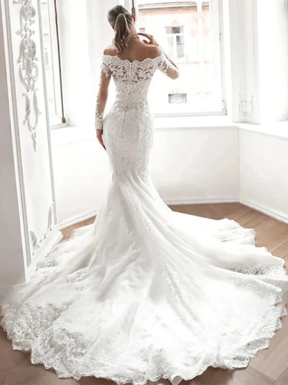 Luxury Boat Neck Mermaid Lace Wedding Dresses