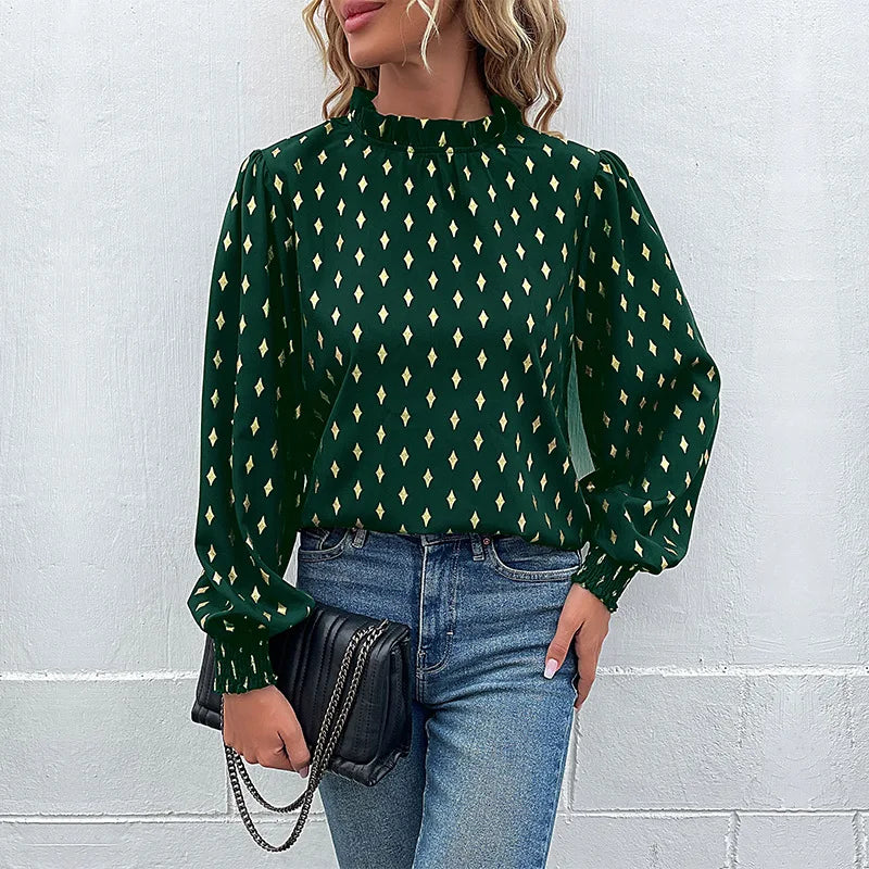 Elegant Long Sleeve Mid-Neck Diamond Embossed Shirt
