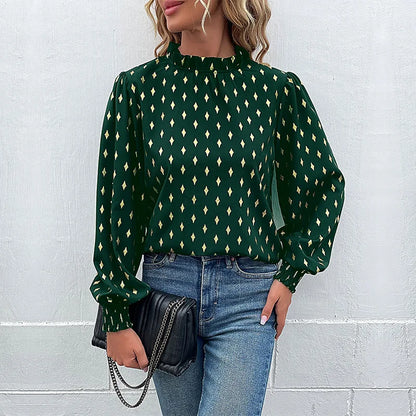 Elegant Long Sleeve Mid-Neck Diamond Embossed Shirt