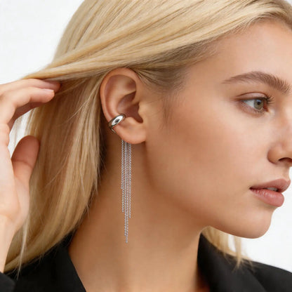 Silver Color Long Tassel Ear Cuff, No Piercing Chain Earrings