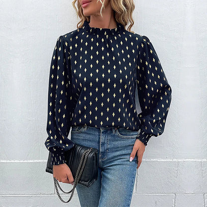 Elegant Long Sleeve Mid-Neck Diamond Embossed Shirt