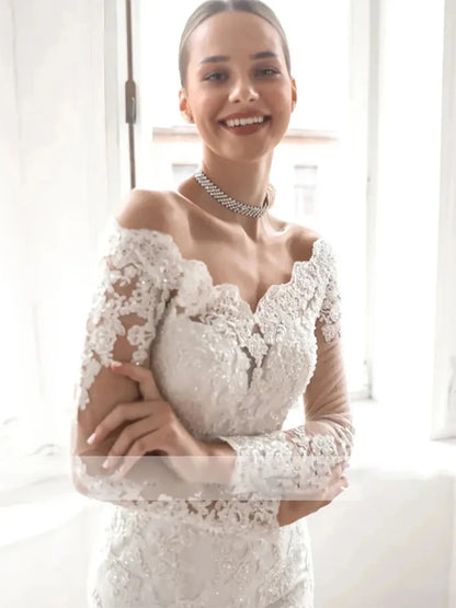 Luxury Boat Neck Mermaid Lace Wedding Dresses