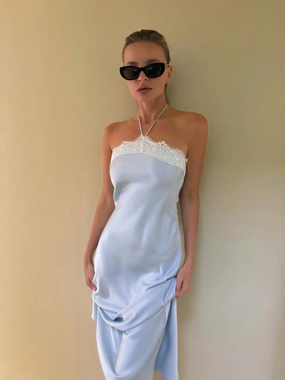 Blue Satin Lace Trim Maxi Dress