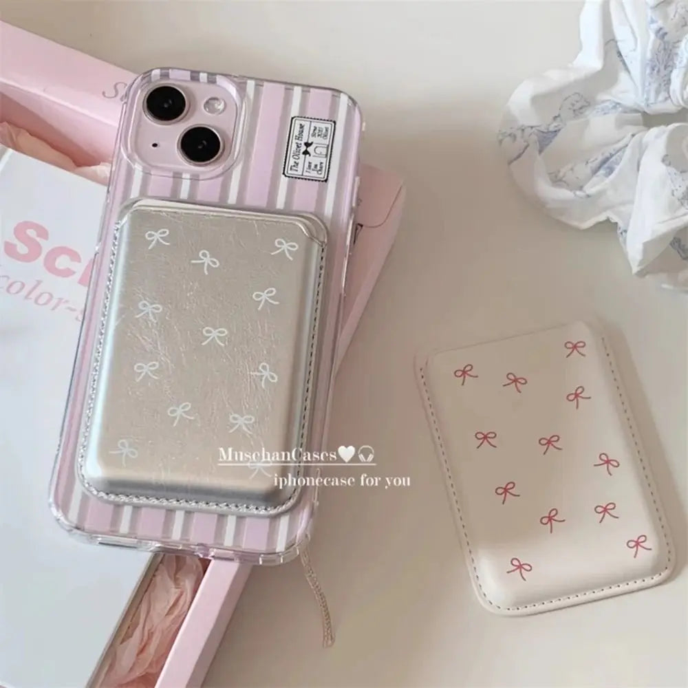Cute Bow Magnetic Card Clip Leather Wallet Card