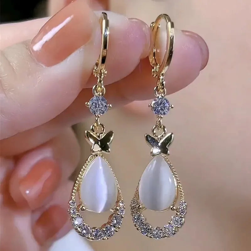 Teardrop Opal Zircon Butterfly Earrings