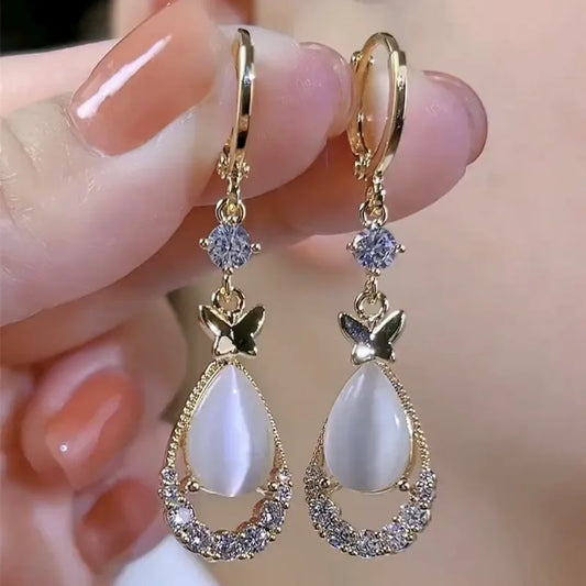 Teardrop Opal Zircon Butterfly Earrings
