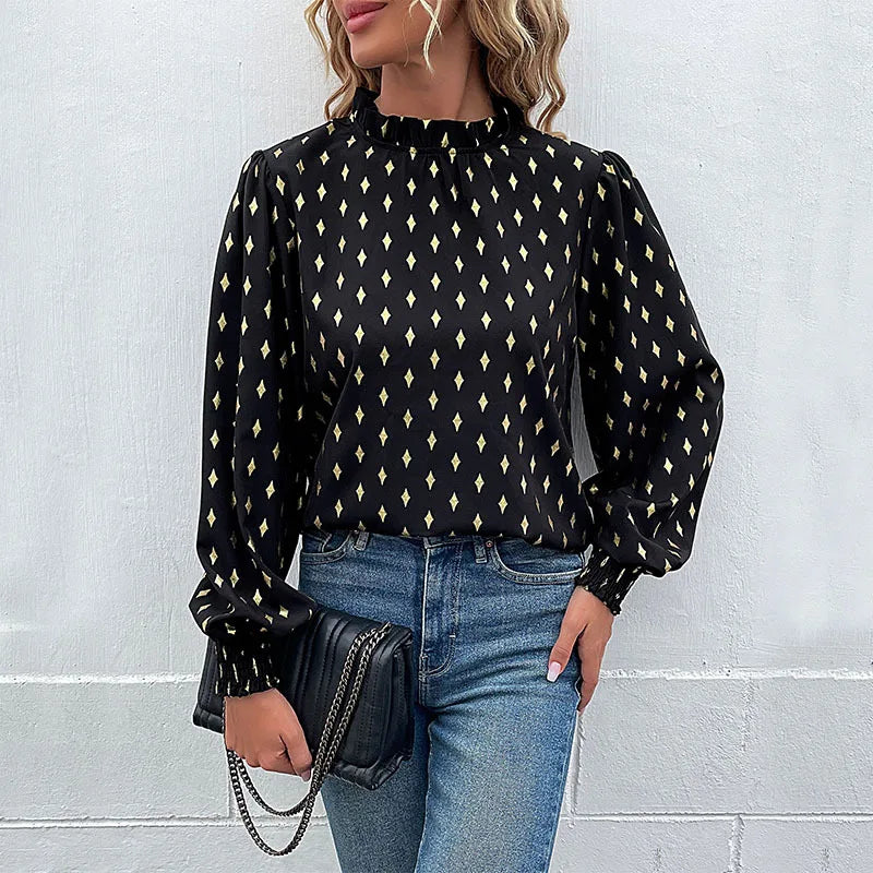 Elegant Long Sleeve Mid-Neck Diamond Embossed Shirt