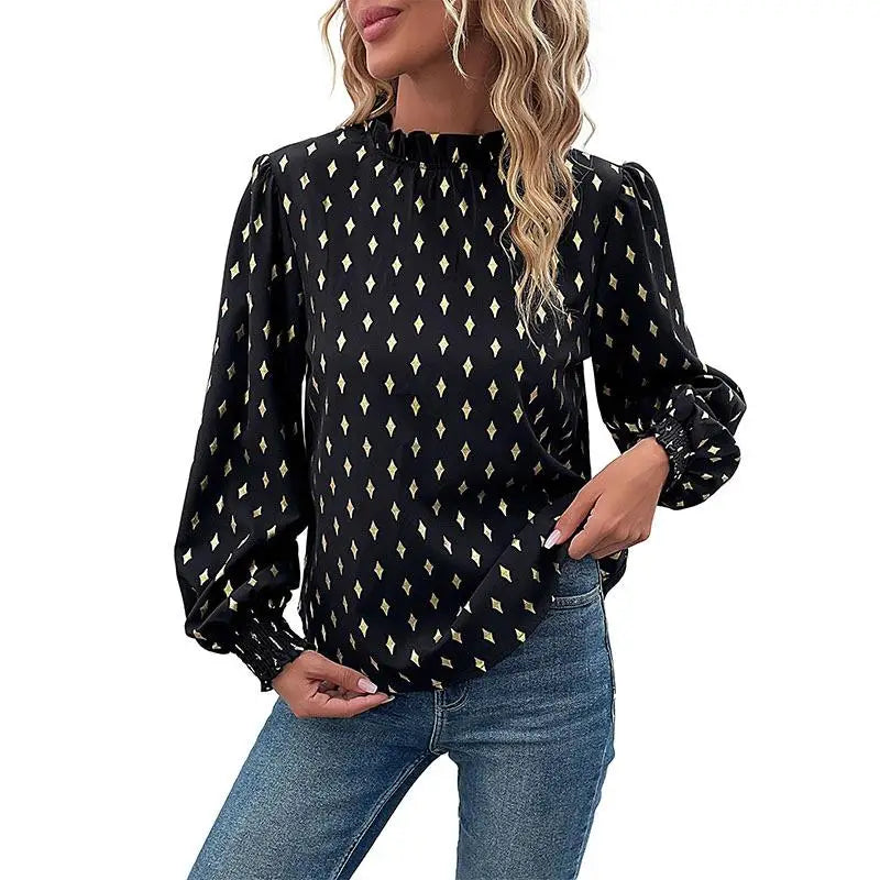 Elegant Long Sleeve Mid-Neck Diamond Embossed Shirt