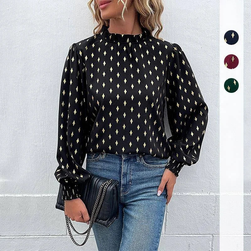 Elegant Long Sleeve Mid-Neck Diamond Embossed Shirt