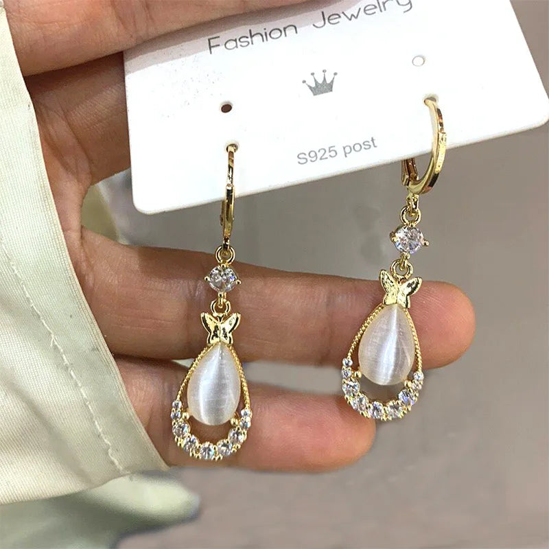 Teardrop Opal Zircon Butterfly Earrings