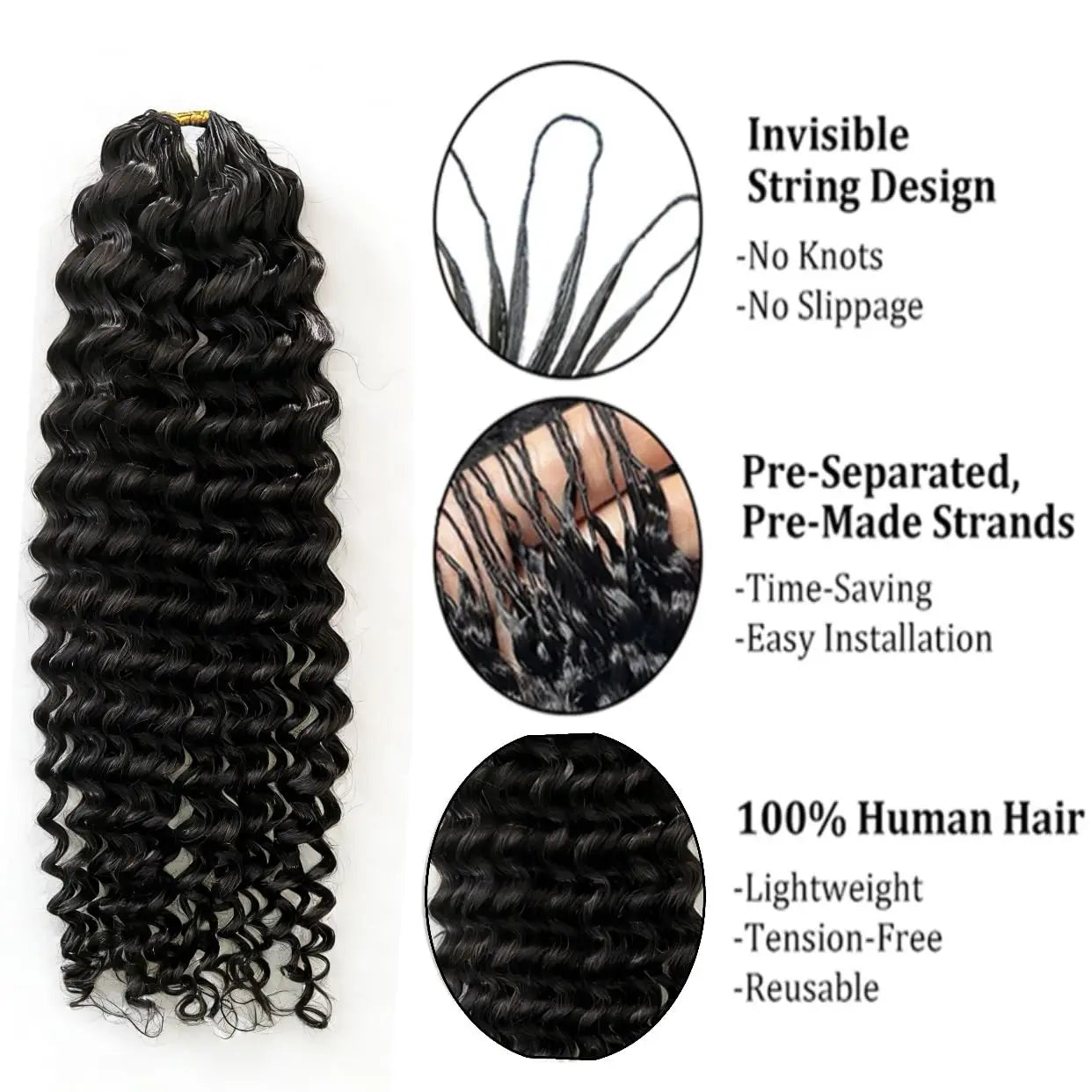 Deep Wave Knotless Pre-Separated Crochet Hair Extensions Human Hair Kinky Curly Crochet Feather Human Hair Extensions 100g/Pack