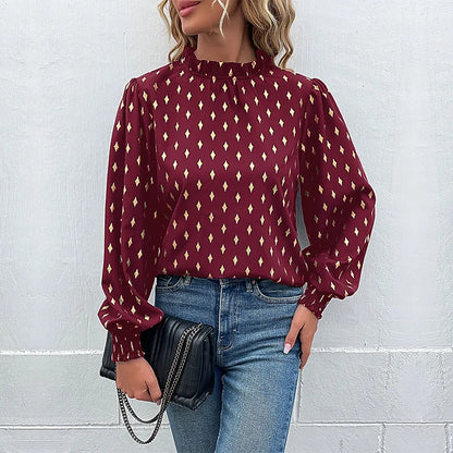 Elegant Long Sleeve Mid-Neck Diamond Embossed Shirt