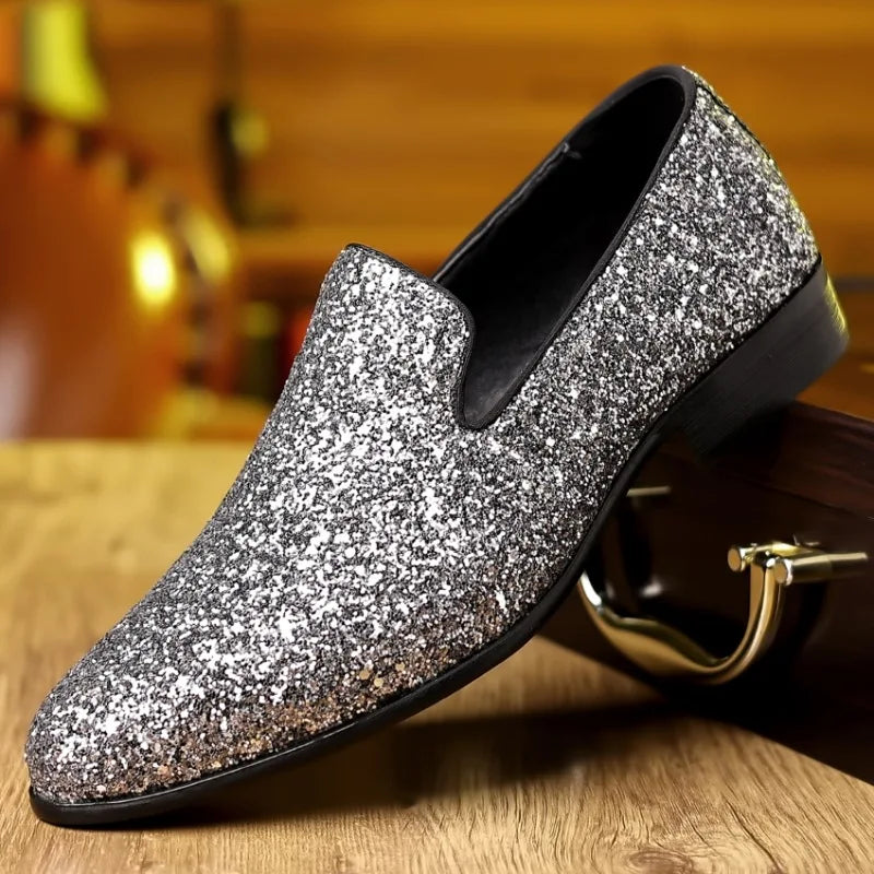 Luxury Loafers Men Shoes Gold Silver Sequin Wedding Shoes