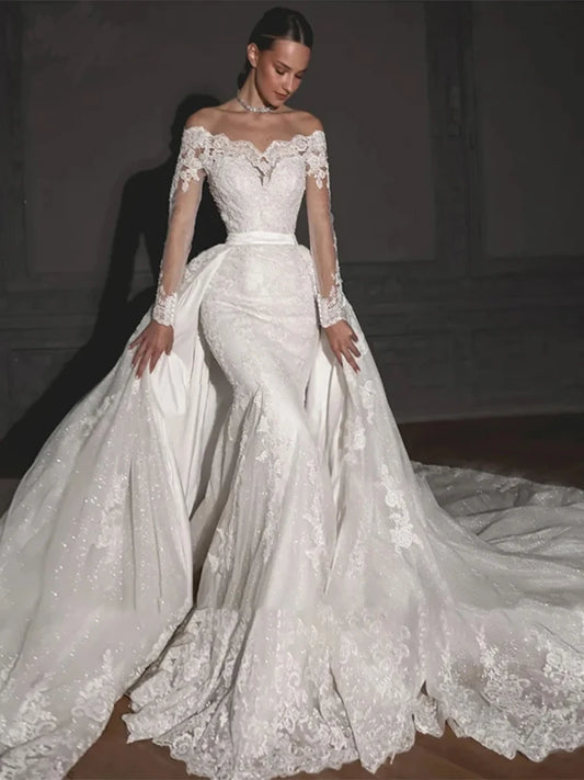 Luxury Boat Neck Mermaid Lace Wedding Dresses