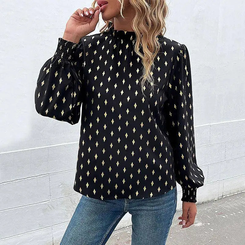 Elegant Long Sleeve Mid-Neck Diamond Embossed Shirt