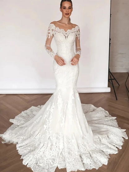 Luxury Boat Neck Mermaid Lace Wedding Dresses