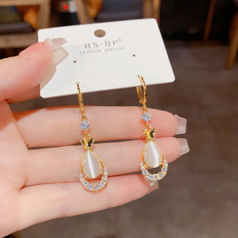 Teardrop Opal Zircon Butterfly Earrings
