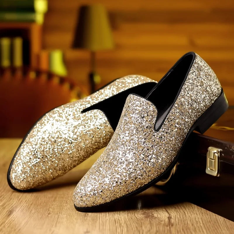 Luxury Loafers Men Shoes Gold Silver Sequin Wedding Shoes