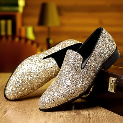 Luxury Loafers Men Shoes Gold Silver Sequin Wedding Shoes