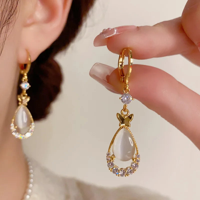 Teardrop Opal Zircon Butterfly Earrings