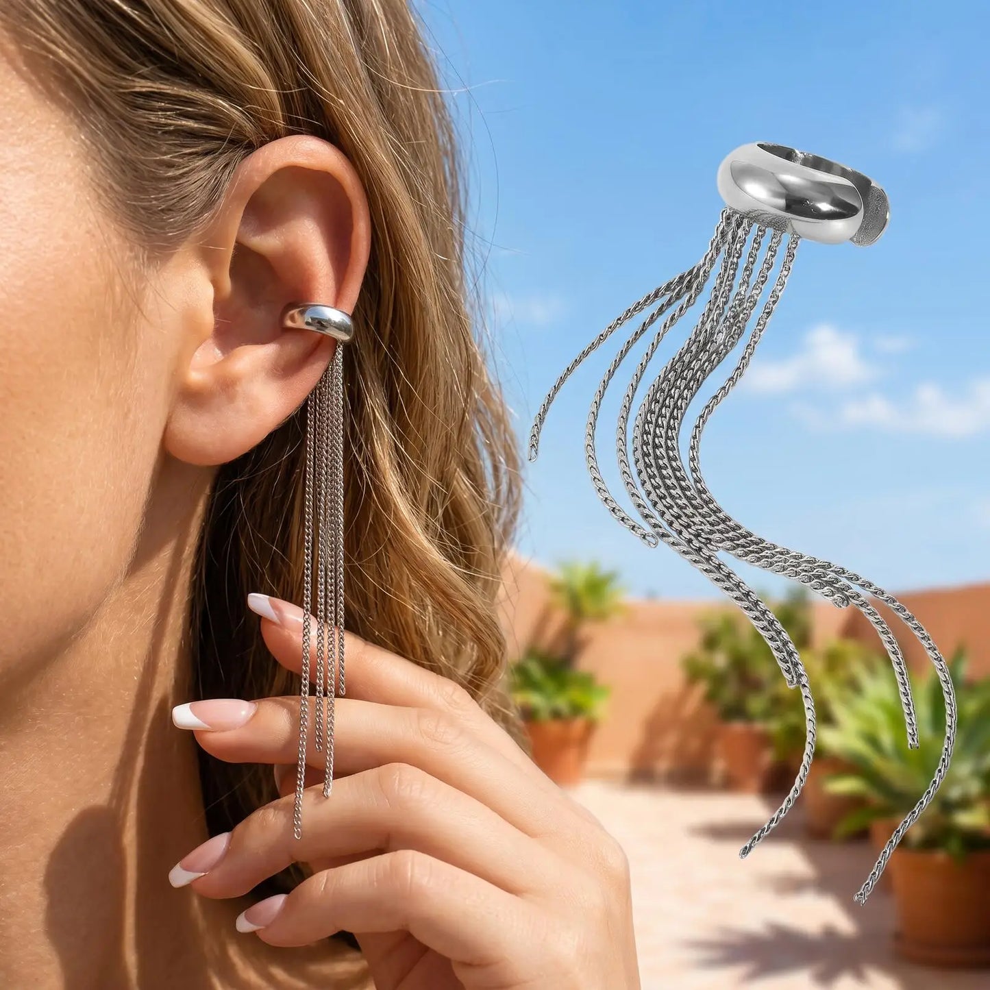 Silver Color Long Tassel Ear Cuff, No Piercing Chain Earrings