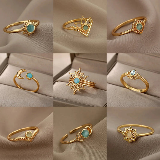 Opal Finger Rings For Women Stainless Steel Adjustable