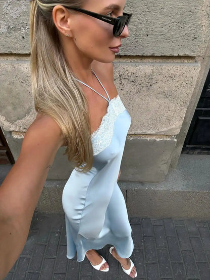 Blue Satin Lace Trim Maxi Dress