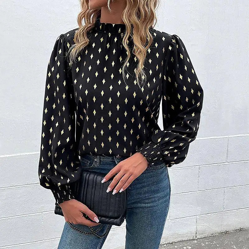 Elegant Long Sleeve Mid-Neck Diamond Embossed Shirt