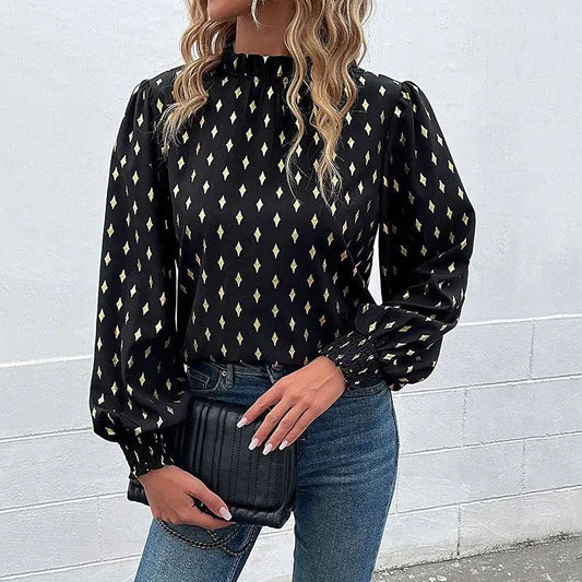 Elegant Long Sleeve Mid-Neck Diamond Embossed Shirt